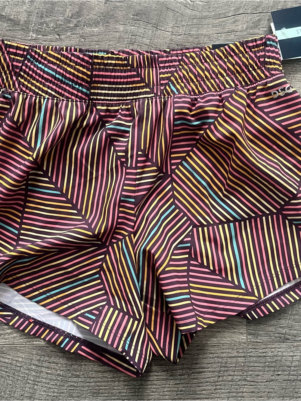 DSG Girls Striped Athletic Shorts — Black with Pink, Yellow & Teal Stripes
